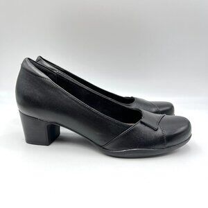 8N 8 NARROW‎ WIDTH Clarks Womens Rosalyn Belle Black Leather Pumps Heels Shoes